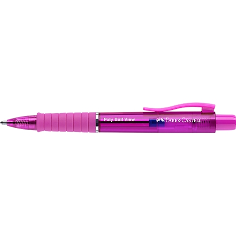 Ein pinker Faber-Castell Poly Ball View Kugelschreiber vor weißem Hintergrund.