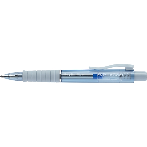 Blauer, transparenter Faber-Castell Poly Ball View Kugelschreiber mit geriffelter Griffzone.