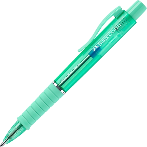 Mintgrüner, transparenter Faber-Castell Kugelschreiber mit geriffelter Griffzone vor weißem Hintergrund.