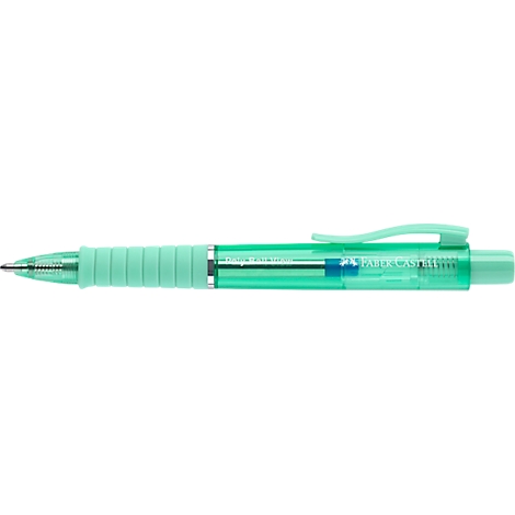 Ein mintgrüner Faber-Castell Kugelschreiber vor weißem Hintergrund.