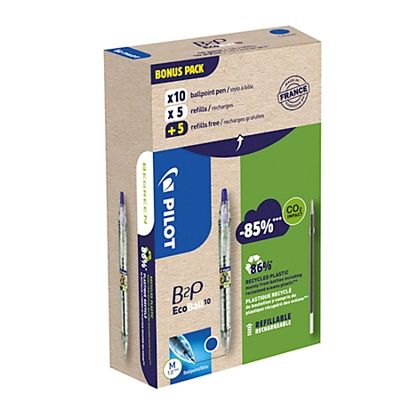 Verpackung mit Kugelschreibern von Pilot. Text: 'BONUS PACK', 'B2P Eco ball 10', 'Refillable'.