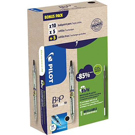 Eine Packung Pilot B2P EcoBall 10 Kugelschreiber. Aufdrucke zeigen: recyceltes Plastik, Nachfüllbar, Bonus Pack, -85% CO2-Auswirkung.