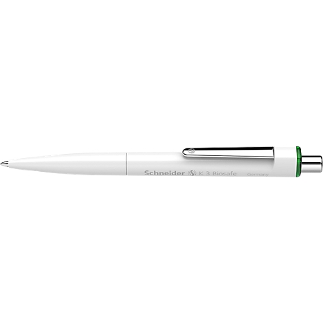 Weißer Kugelschreiber, Metallclip, grüner Akzent am Ende. Aufdruck: Schneider.