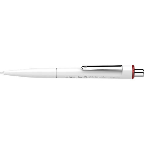 Weißer Kugelschreiber mit roter Spitze und Clip, darauf steht Schneider.