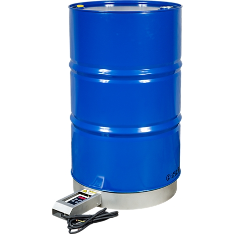 Baril métallique bleu, balance grise, câble noir. Couvercle jaune. Design industriel.