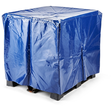 Housse de palette bleue sur une palette noire. La housse est brillante et comporte des plis.
