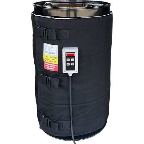 Schwarzer Fassheizer umschließt ein Metallfass. Mit Bedienelement und Warnhinweis.