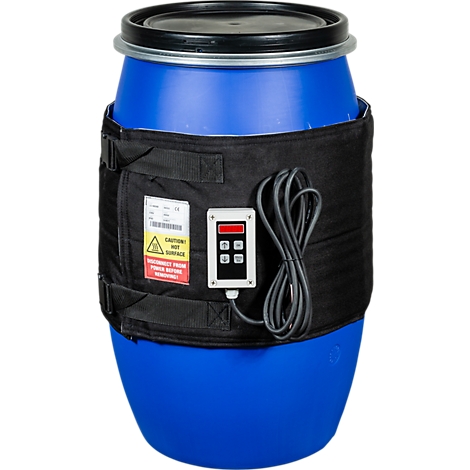 Blauer Fass mit schwarzem Heizmantel und Steuerung. Vorsichtshinweis. Schwarzes Kabel. Deckel.