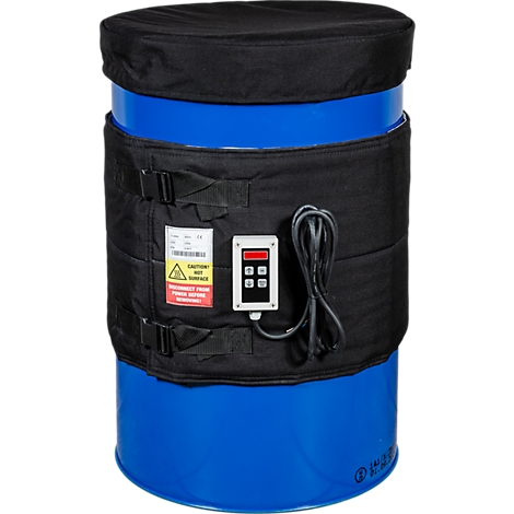 Blauer Fass mit schwarzem Heizmantel und Steuerung, Warnhinweis.