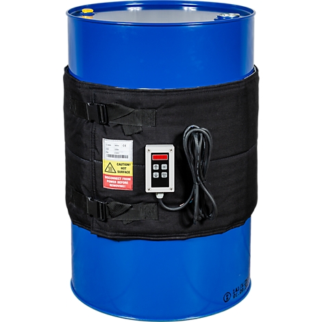 Blauer Metallfass mit schwarzer Heizmanschette und Bedienfeld.