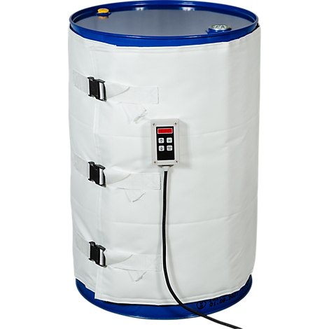 Blauer Metallfass, umhüllt von einer weißen Isoliermatte. Es hat drei Gurte mit Schnallen und ein Bedienfeld.