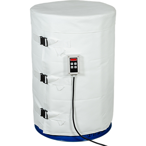 Zylindrischer Wärmeschrank, weiß. Schwarzes Bedienfeld mit Display, Gurte mit Schnallen.