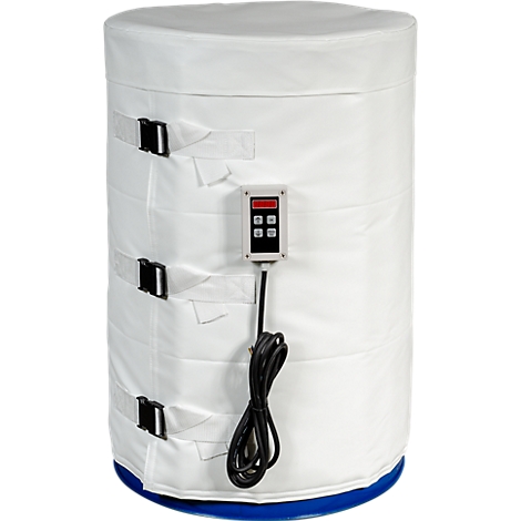 Zylindrische Heizmanschette mit digitalem Bedienfeld, weißen Gurten und schwarzem Kabel.