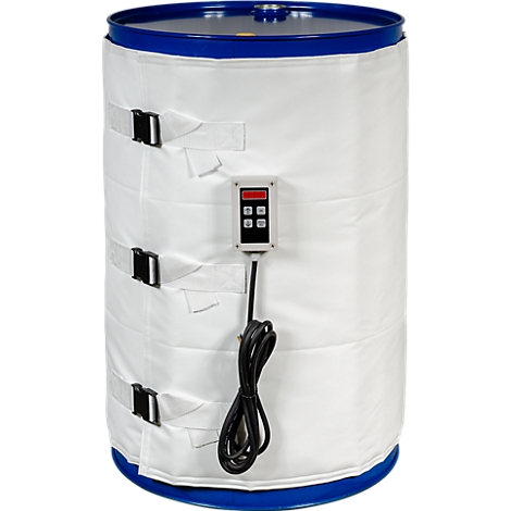 Weißer Fassheizer mit schwarzem Kabel und Steuerung. Drei Gurte mit Schnallen halten ihn am blauen Metallfass.