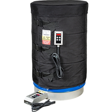 Schwarzer Zylinder mit Temperaturregler, Warntafel und Spannverschlüssen.