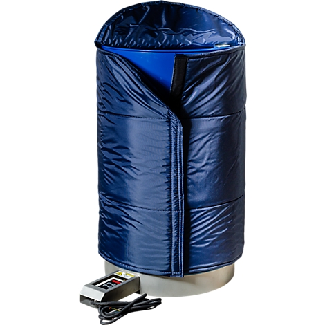 Blauer, zylindrischer Tank mit isolierender Hülle, Bedienfeld, Kabel.