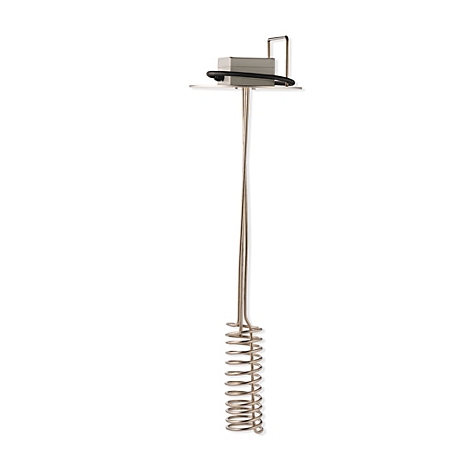 Een metalen apparaat bestaande uit een spiraal en een steel, met een klein zwart rechthoekje aan de bovenkant.