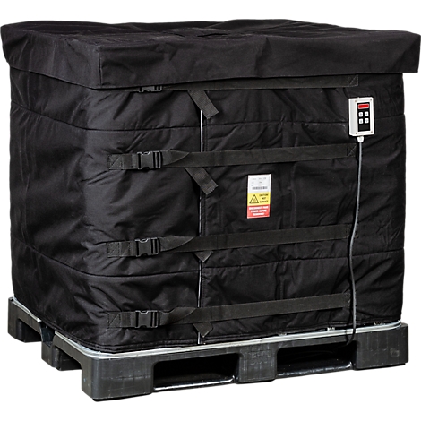 Schwarze, isolierte Transportbox mit schwarzen Gurten und Kontrollanzeige. Steht auf einer grauen Palette.