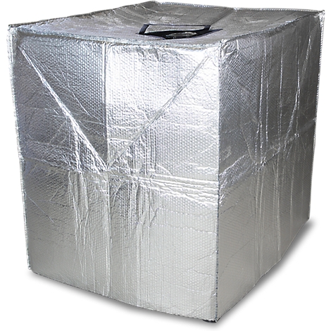 Vierkante geïsoleerde tas van zilver materiaal, met zwarte handgreep aan de bovenkant.