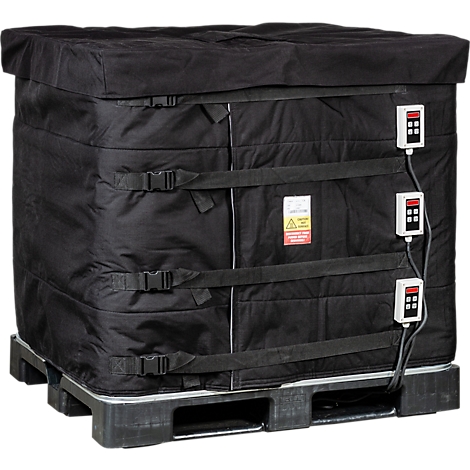 Zwarte geïsoleerde transportbox met riemen en temperatuurdisplays op een pallet.