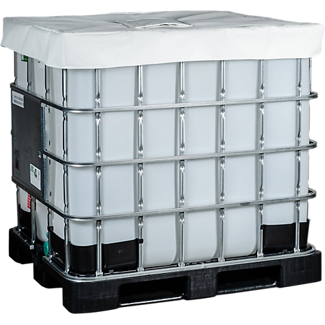 Grote witte container met een rasterframe en deksel op een zwarte pallet. Het product is ontworpen voor transport of opslag.