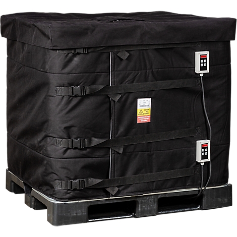 Schwarzer, isolierter Container auf einer Palette, mit Gurten und elektronischen Temperaturanzeigen.