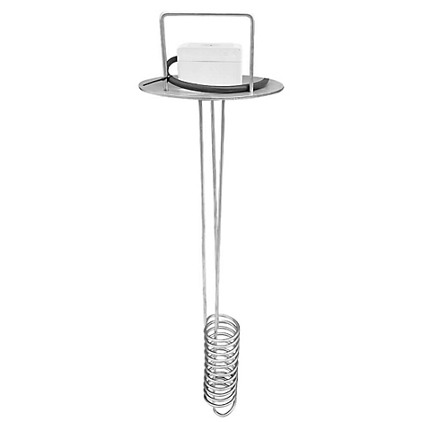 Metallbehälter mit Spirale. Auf einer runden Platte sitzt ein weißer Kasten mit Halterung.