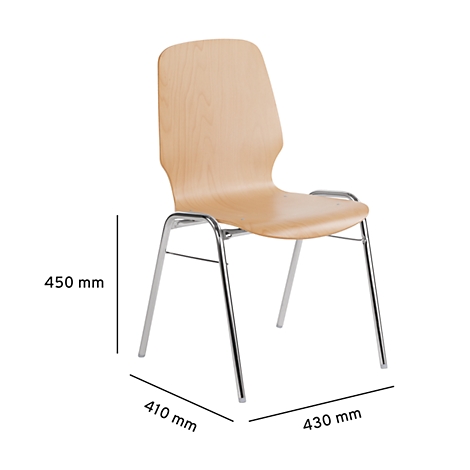 Een licht houten stoel met zilveren poten, afmetingen: 450 x 410 x 430 mm.