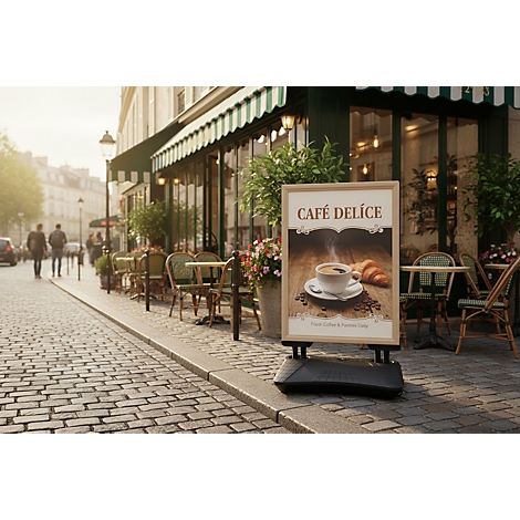 Kundenstopper vor einem Café mit der Aufschrift Café Delice und einer Abbildung von Kaffee und Croissant.