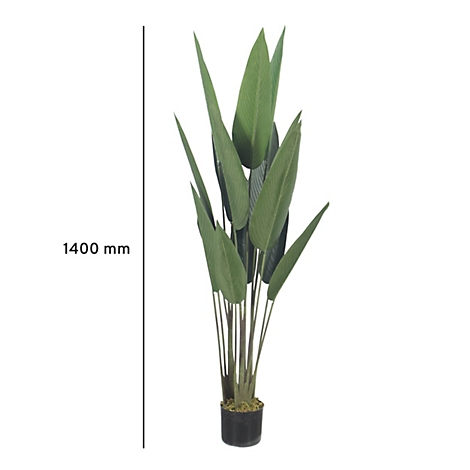 Grüne Kunstpflanze in schwarzem Topf. Neben der Pflanze wird eine Höhe von 1400 mm angezeigt.