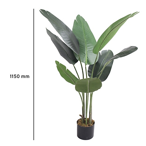 Grote kunstplant in een zwarte pot. Meetlijn: 1150 mm. De bladeren zijn groen en langwerpig.