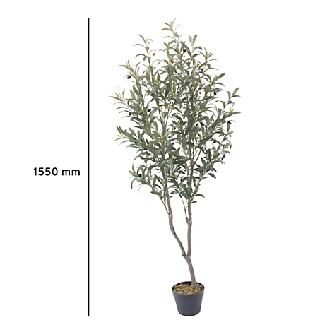 Kunstmatige olijfboom in pot, 1550 mm hoog. Gedetailleerde bladeren, groene kleur. Zwarte pot, olijven aanwezig.