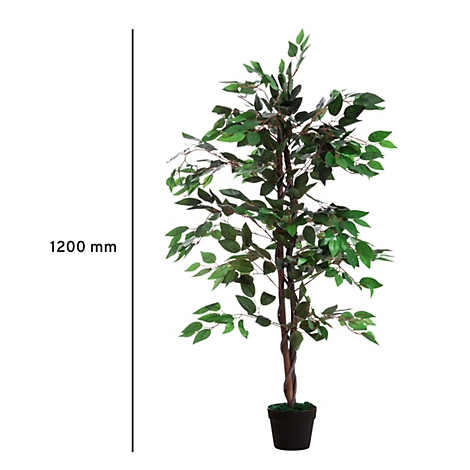 Kunstboom met groene bladeren in een pot, naast een schaal van 1200 mm.