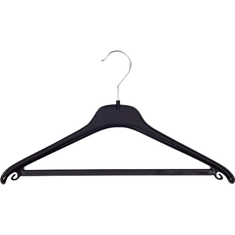 Zwarte plastic kledinghanger met metalen haak.
