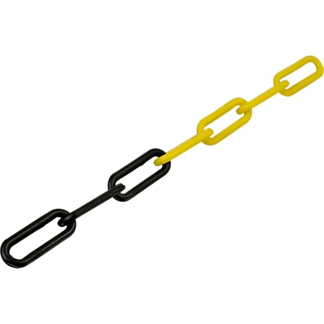 Ketting van zwarte en gele schakels, diagonaal tegen een witte achtergrond.