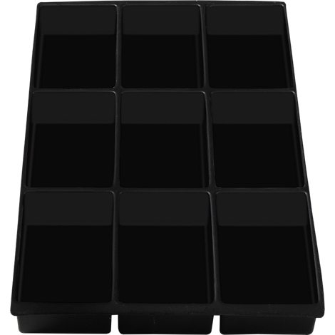 Schwarze Pflanzschale mit neun quadratischen Fächern.
