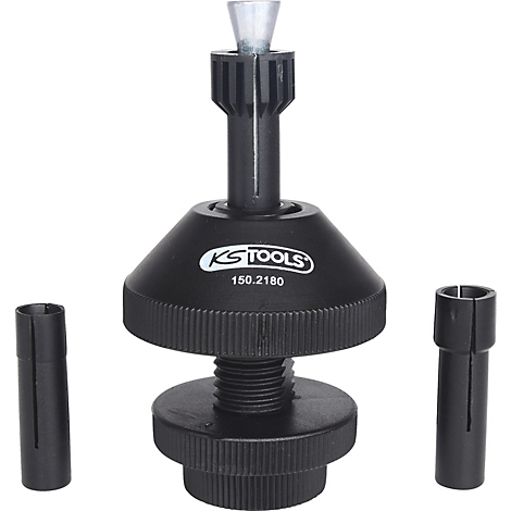 Schwarzes Werkzeug, bestehend aus Schraubzwinge, Kegel und zwei Hülsen.