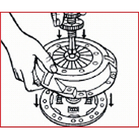 Hand hält Kupplungsscheibe, darunter eine weitere. Pfeile deuten Montage an.