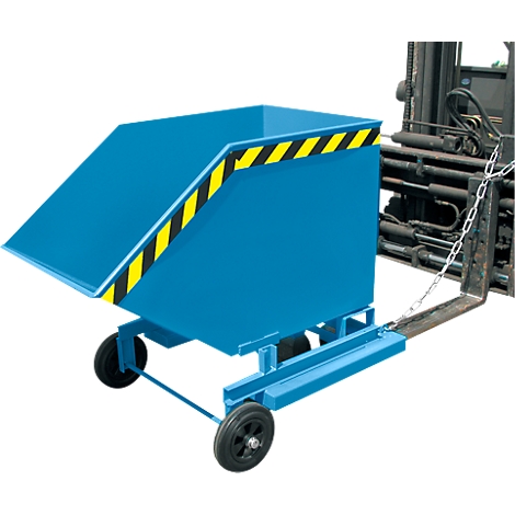 Blue tipping skip attached to a forklift. Yellow and black warning marking. Two wheels, chain for securing.