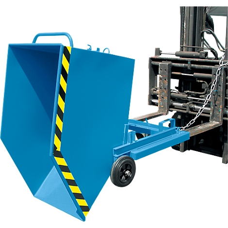 Blue container for forklift, with yellow-black marking and a wheel.