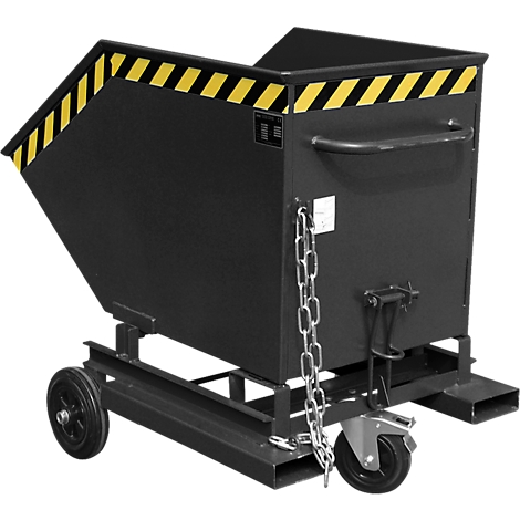 Black tipping container on wheels, with yellow and black warning stripes. Chain and rollers visible.