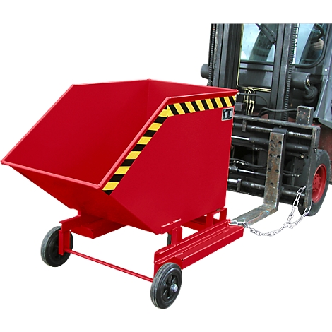 Red tipping container attached to forklift. Black wheels. Yellow-black warning marking.