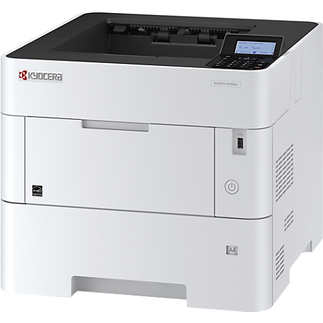 Weißer Kyocera-Laserdrucker mit Bedienfeld, Ein-/Ausschalter und Papierfach. Logo und Modellbezeichnung sind sichtbar.