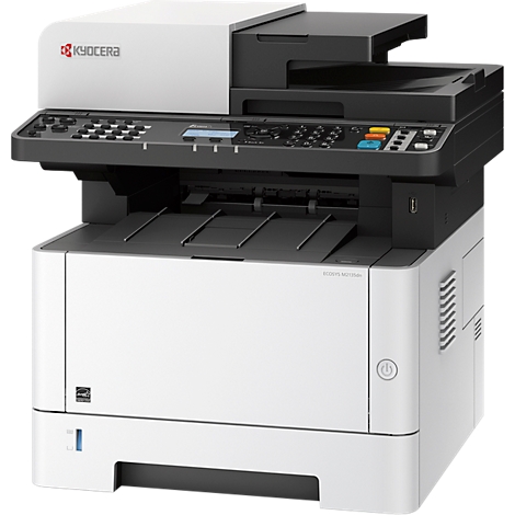 A white and black Kyocera multifunction printer. The control panel and top cover are black, the rest is white.