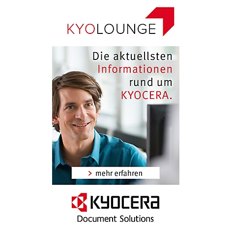 Advertisement with text: 'KYOLOUGE' and 'The latest information about KYOCERA'. A man smiles in front of the computer.
