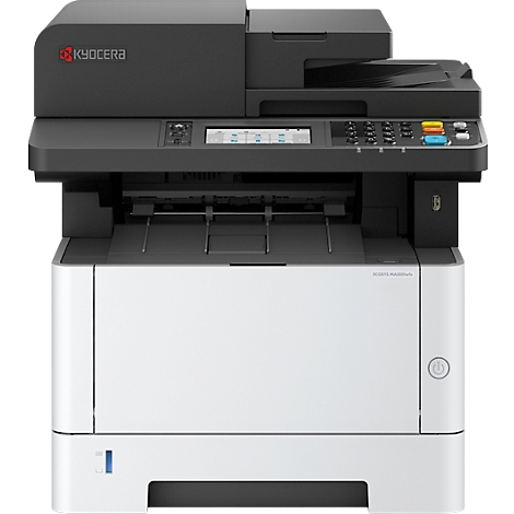 Schwarz-weißer Kyocera-Multifunktionsdrucker, vorne, Detailansicht. Das Bedienfeld zeigt einen Bildschirm, Tasten und einen USB-Anschluss.