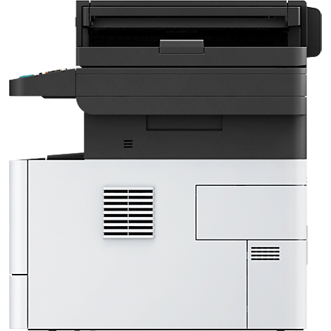 Ein weiß-schwarzer Multifunktionsdrucker im Profil. Oben ein Einzug, darunter ein Bedienfeld mit Tasten.