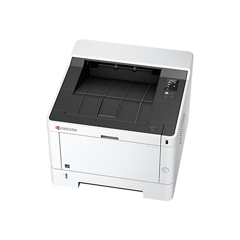 Draufsicht eines weißen Kyocera ECOSYS P2235dn Laserdruckers. Oben ein schwarzes Fach, daneben Bedienelemente. Logos.