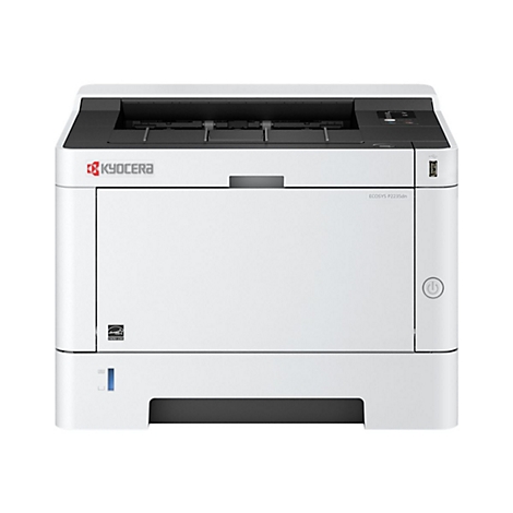 Weißer Drucker, Kyocera ECOSYS P2235dn, mit Power-Knopf und USB-Anschluss.