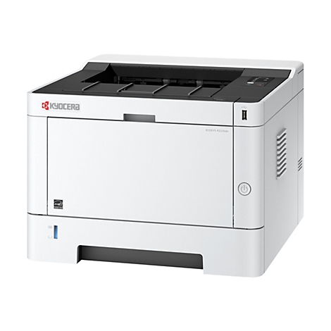 Weißer Kyocera ECOSYS P2235dn Laserdrucker vor weißem Hintergrund. Mit USB Anschluss und Energy Star Logo.